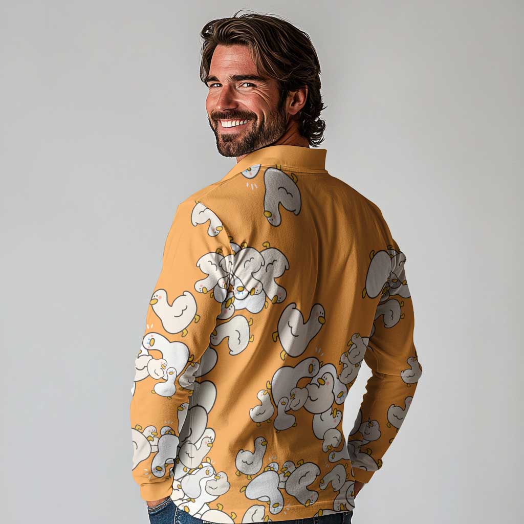 Chubby Duck Long Sleeve Polo Shirt Shocked White Ducks Cartoon Doodle Pattern