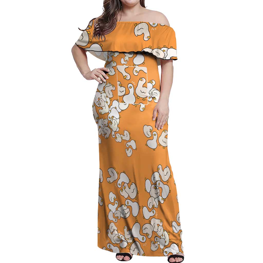 Chubby Duck Off Shoulder Maxi Dress Shocked White Ducks Cartoon Doodle Pattern