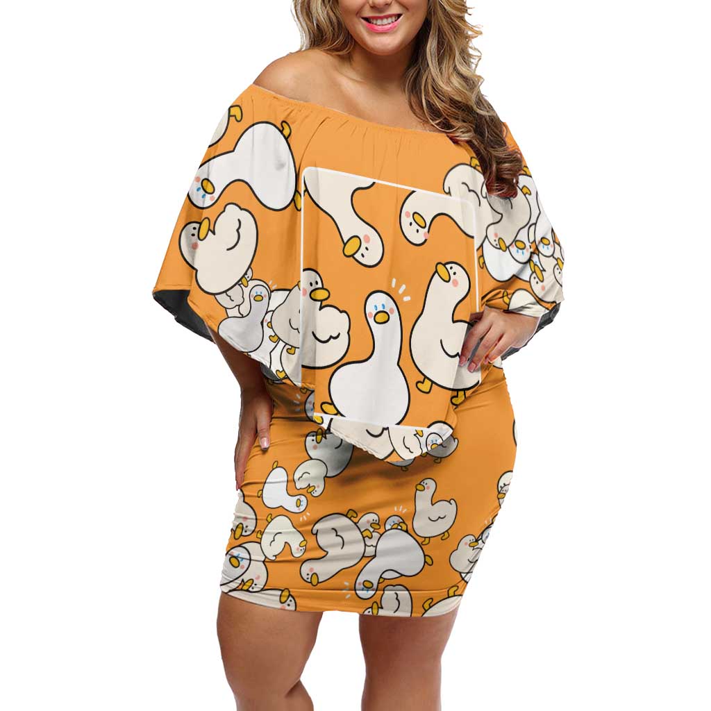 Chubby Duck Off Shoulder Short Dress Shocked White Ducks Cartoon Doodle Pattern