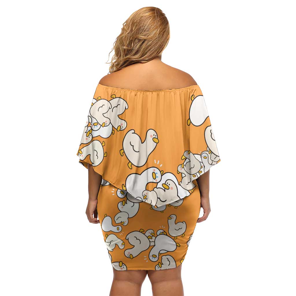 Chubby Duck Off Shoulder Short Dress Shocked White Ducks Cartoon Doodle Pattern