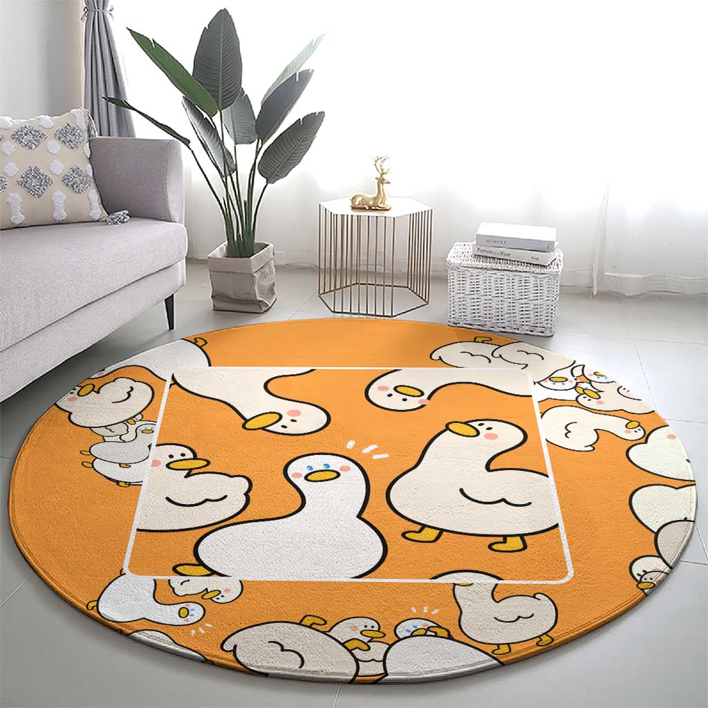 Chubby Duck Round Carpet Shocked White Ducks Cartoon Doodle Pattern