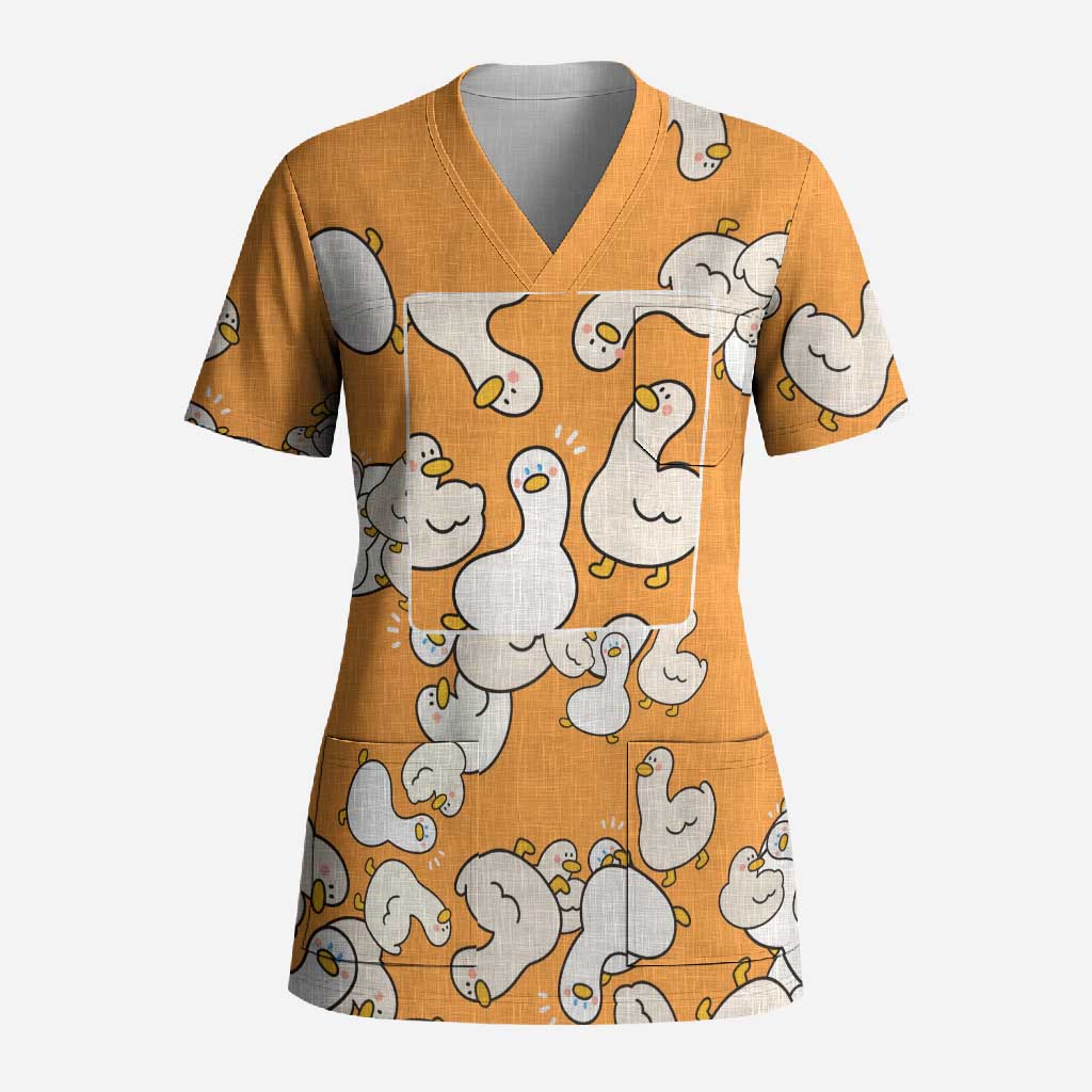 Chubby Duck Scrub Top Shocked White Ducks Cartoon Doodle Pattern