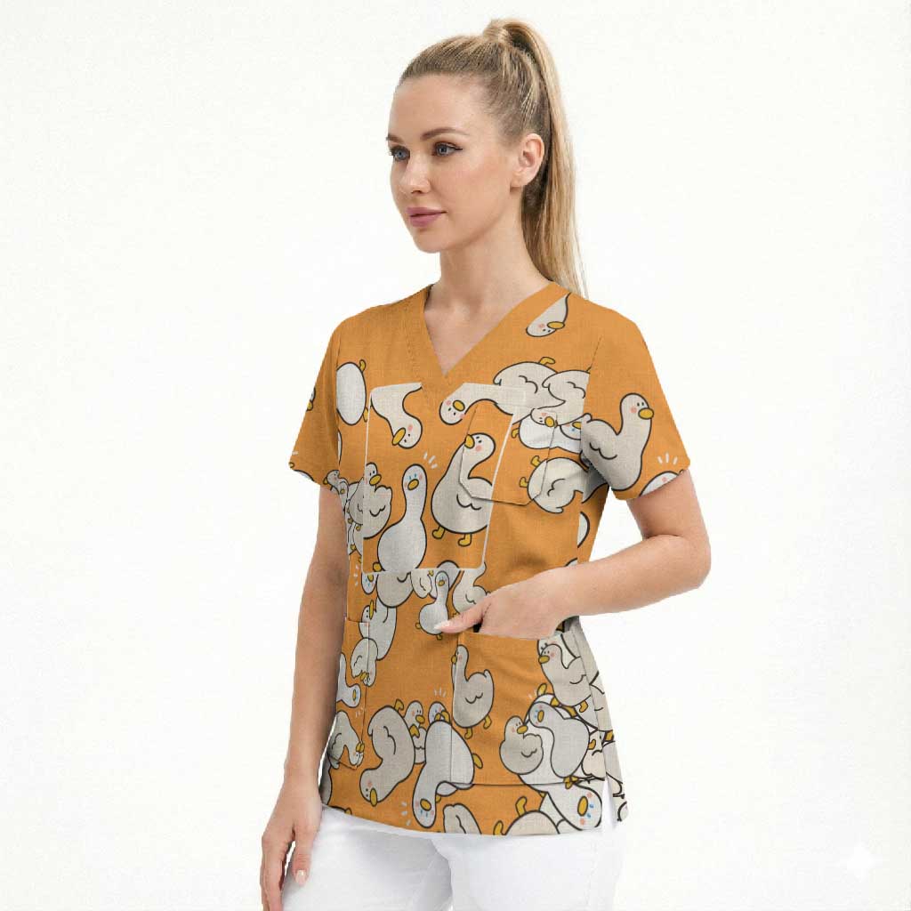 Chubby Duck Scrub Top Shocked White Ducks Cartoon Doodle Pattern