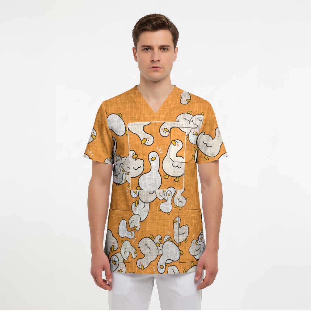 Chubby Duck Scrub Top Shocked White Ducks Cartoon Doodle Pattern