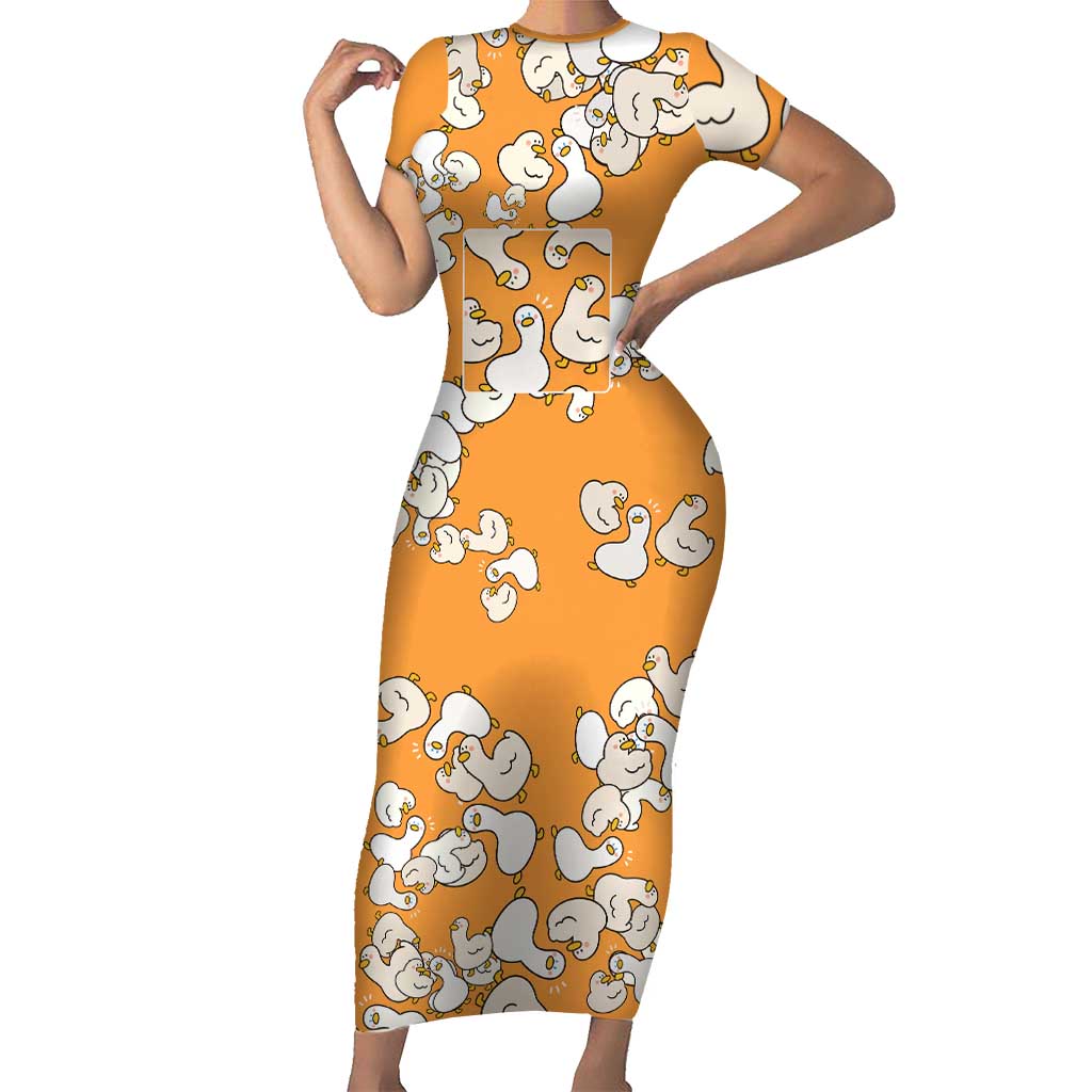 Chubby Duck Short Sleeve Bodycon Dress Shocked White Ducks Cartoon Doodle Pattern