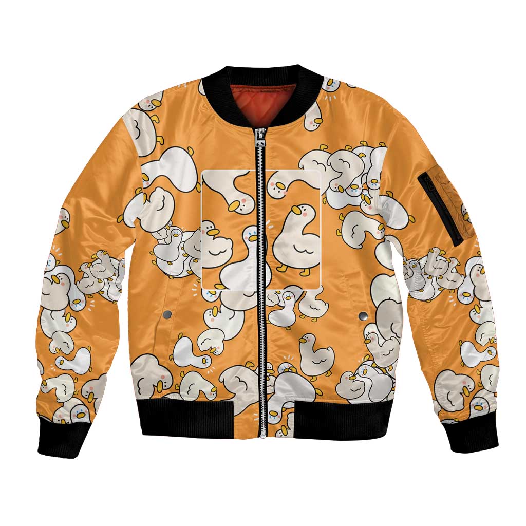 Chubby Duck Sleeve Zip Bomber Jacket Shocked White Ducks Cartoon Doodle Pattern