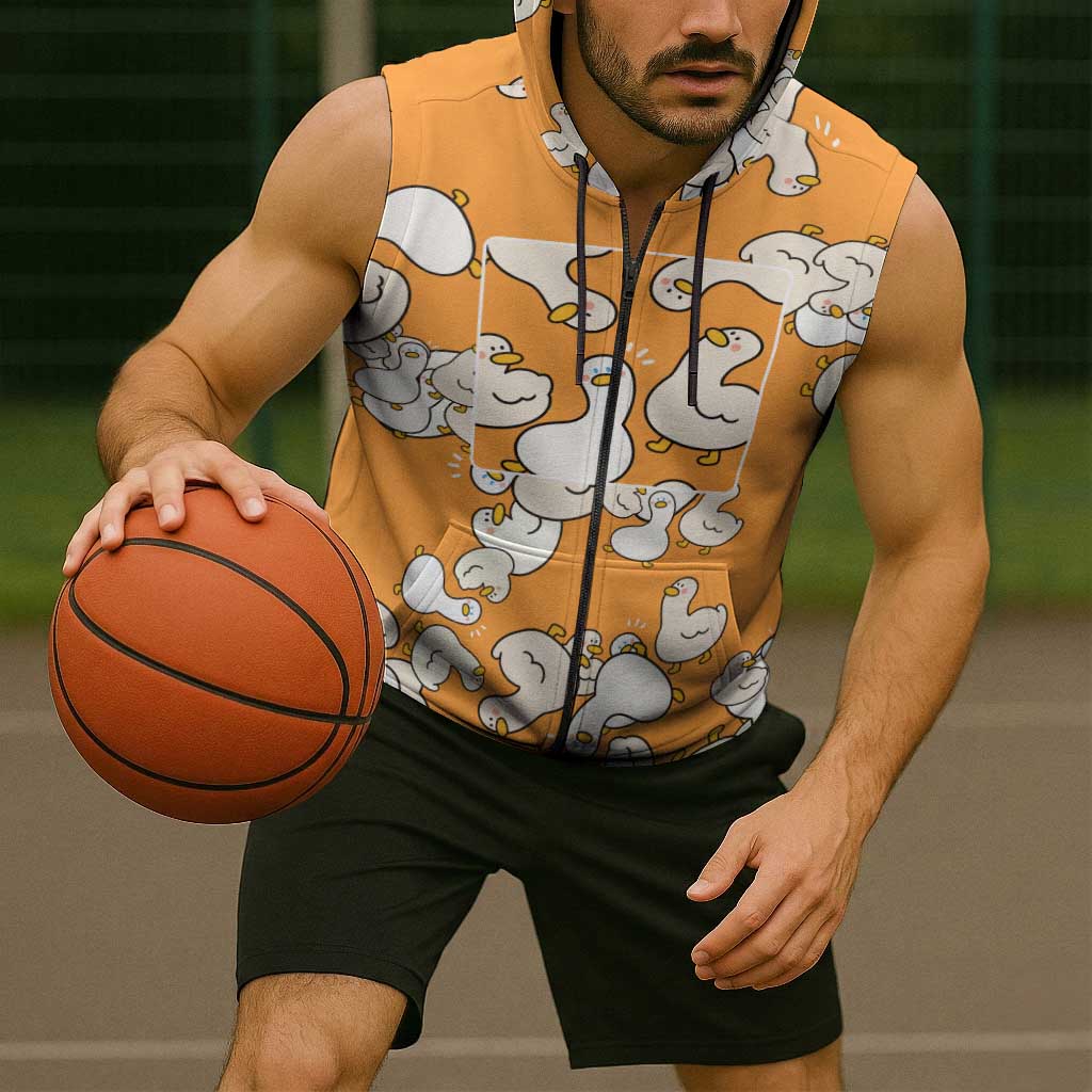 Chubby Duck Sleeveless Zip Hoodie Shocked White Ducks Cartoon Doodle Pattern
