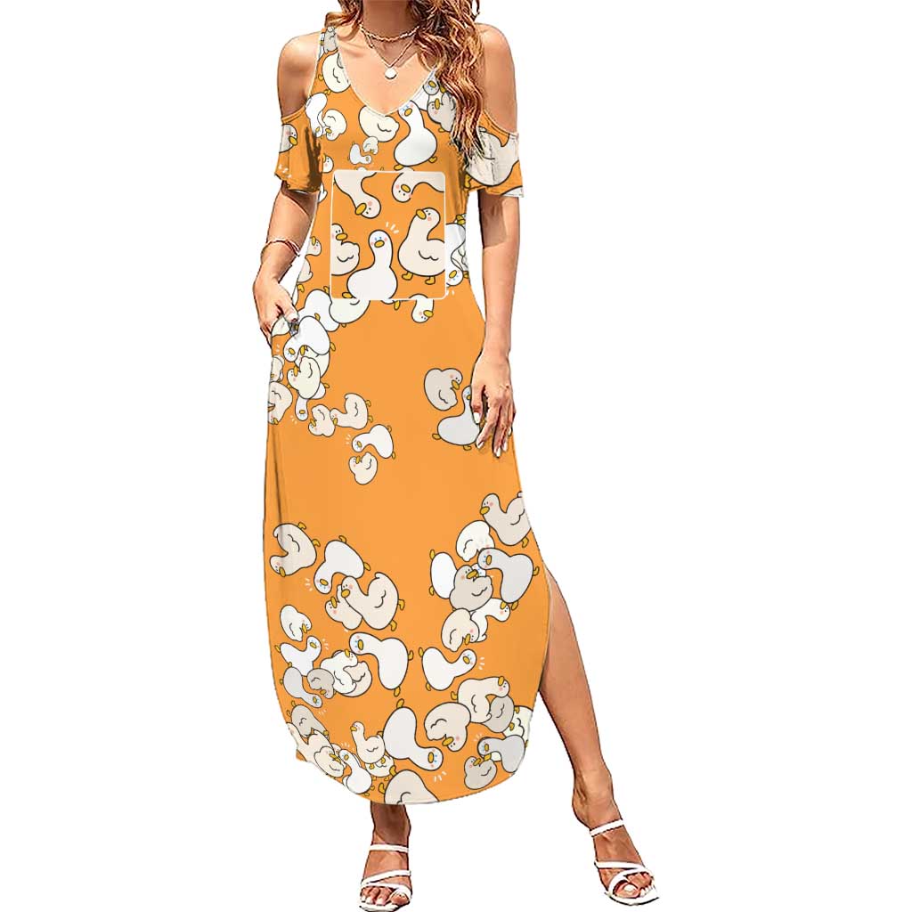 Chubby Duck Summer Maxi Dress Shocked White Ducks Cartoon Doodle Pattern