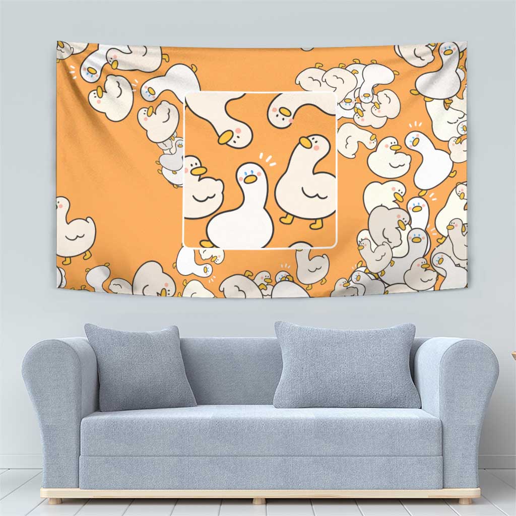Chubby Duck Tapestry Shocked White Ducks Cartoon Doodle Pattern