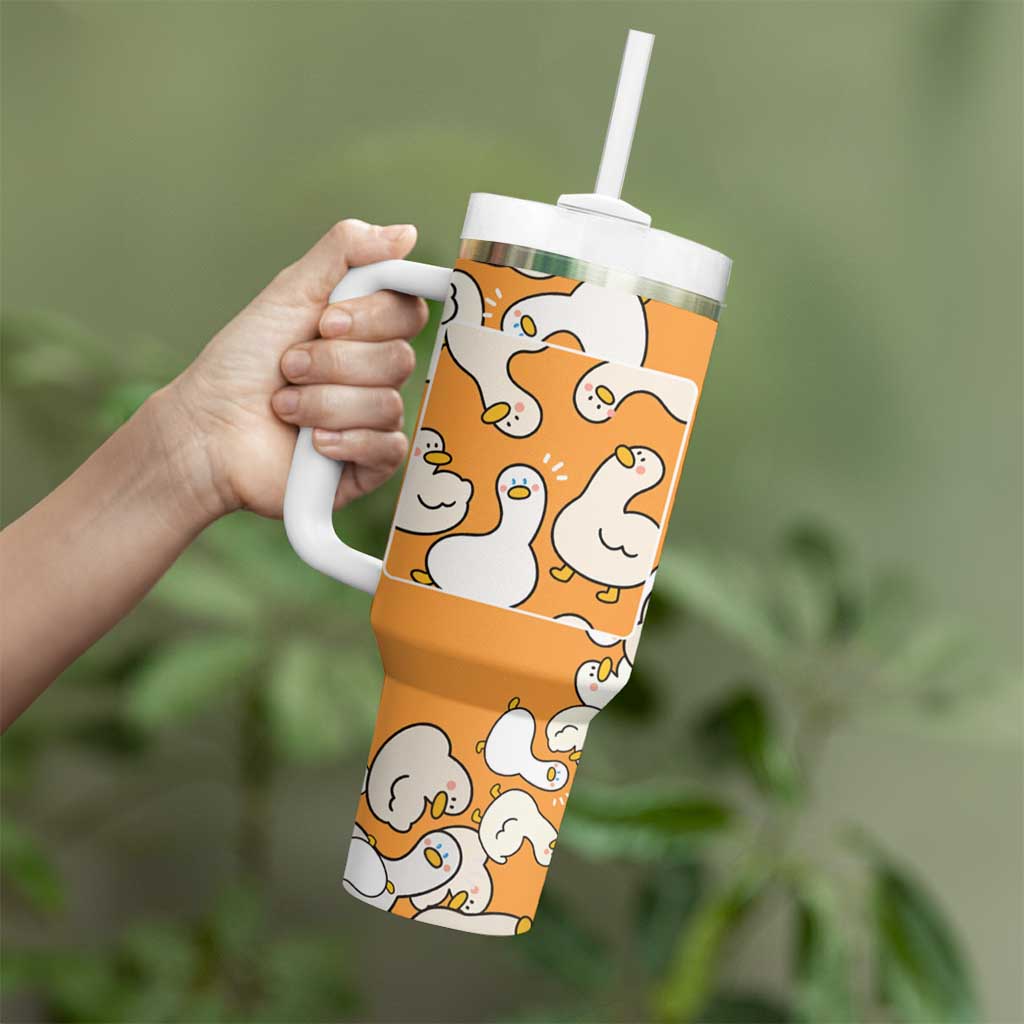 Chubby Duck Tumbler With Handle Shocked White Ducks Cartoon Doodle Pattern