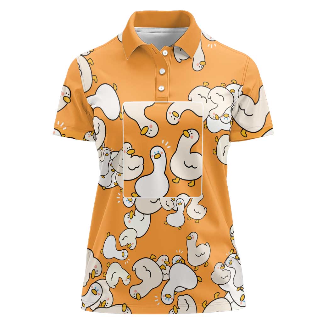 Chubby Duck Women Polo Shirt Shocked White Ducks Cartoon Doodle Pattern