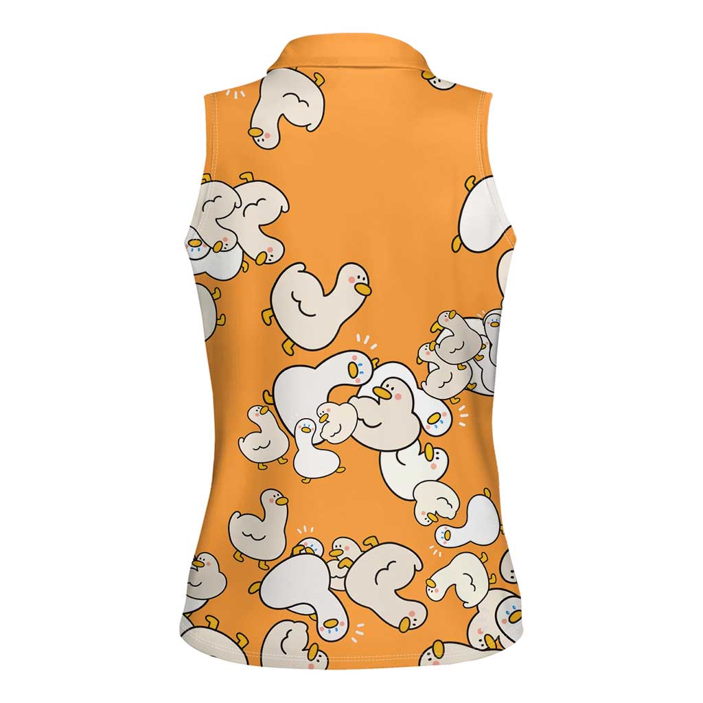 Chubby Duck Women Sleeveless Polo Shirt Shocked White Ducks Cartoon Doodle Pattern