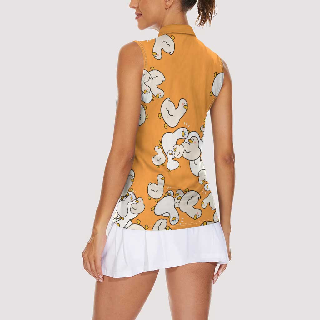 Chubby Duck Women Sleeveless Polo Shirt Shocked White Ducks Cartoon Doodle Pattern