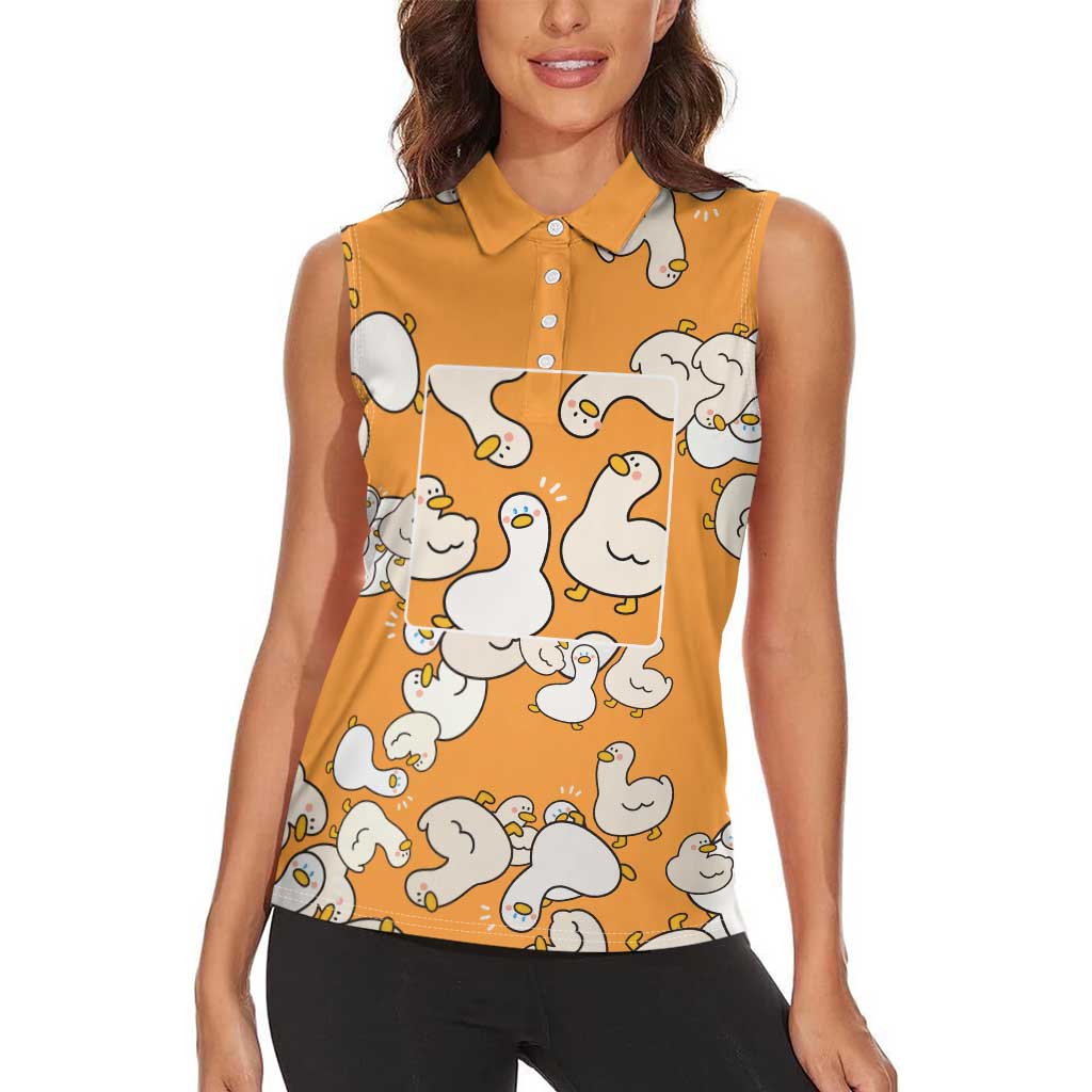 Chubby Duck Women Sleeveless Polo Shirt Shocked White Ducks Cartoon Doodle Pattern
