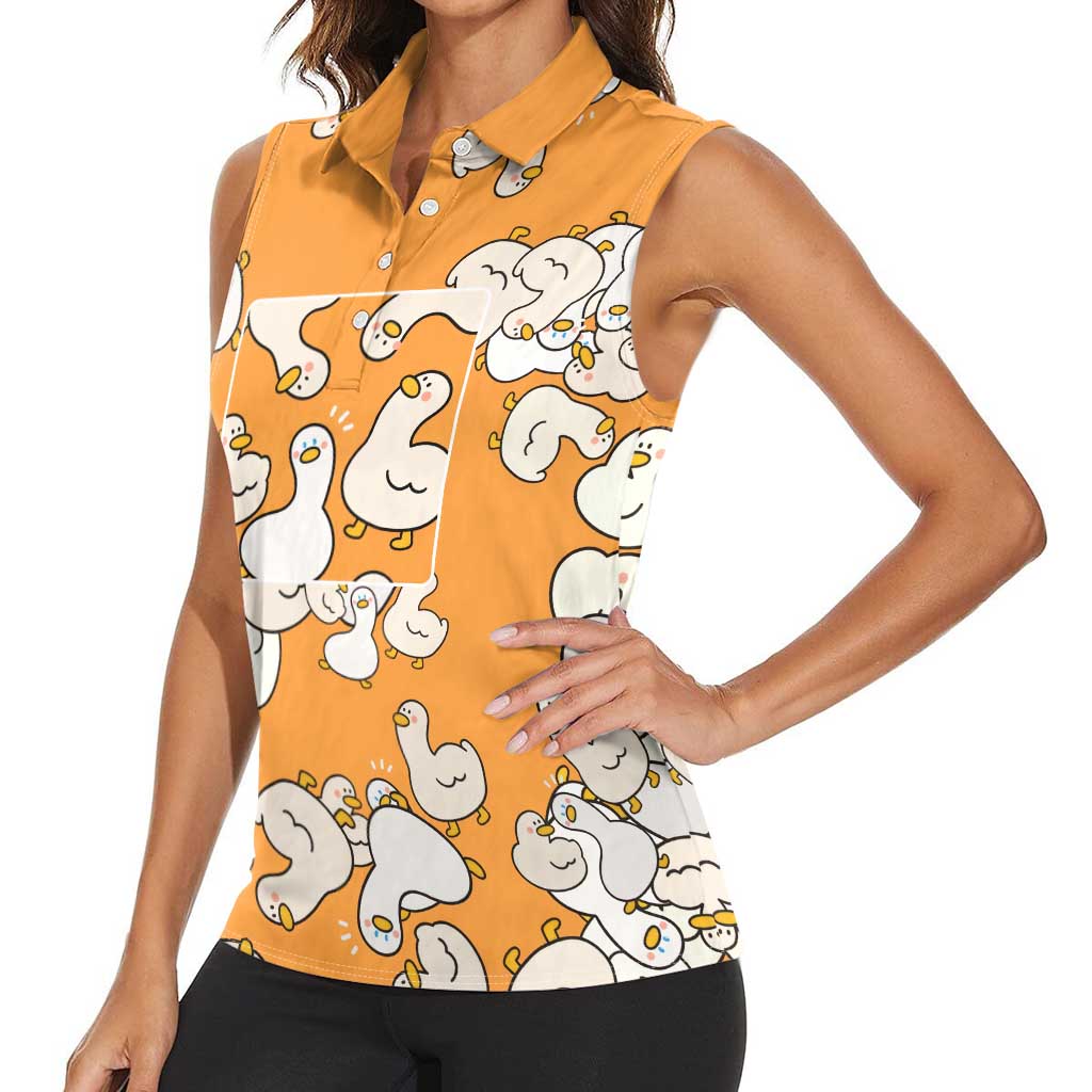 Chubby Duck Women Sleeveless Polo Shirt Shocked White Ducks Cartoon Doodle Pattern