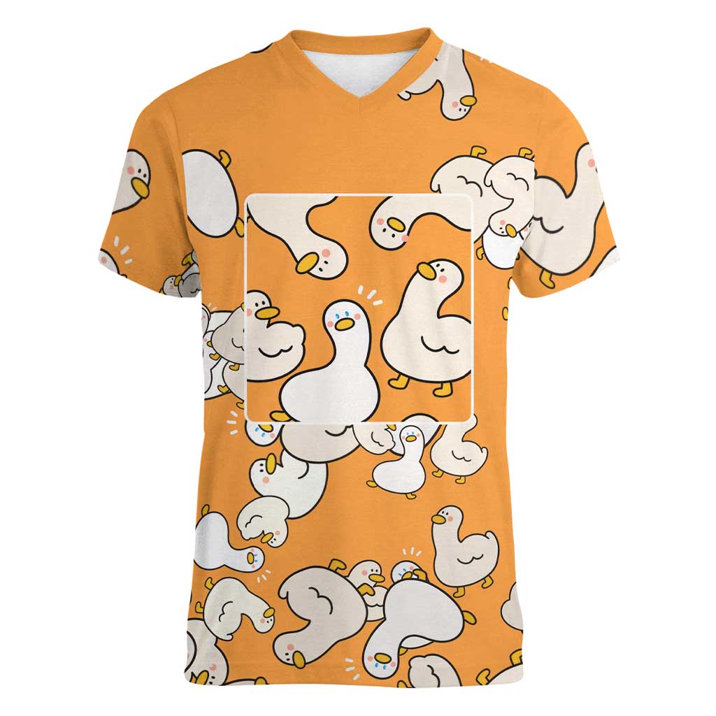 Chubby Duck Women V-Neck T-Shirt Shocked White Ducks Cartoon Doodle Pattern