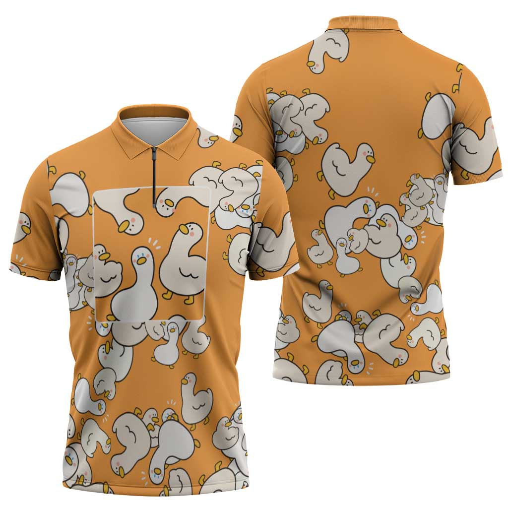 Chubby Duck Zipper Polo Shirt Shocked White Ducks Cartoon Doodle Pattern