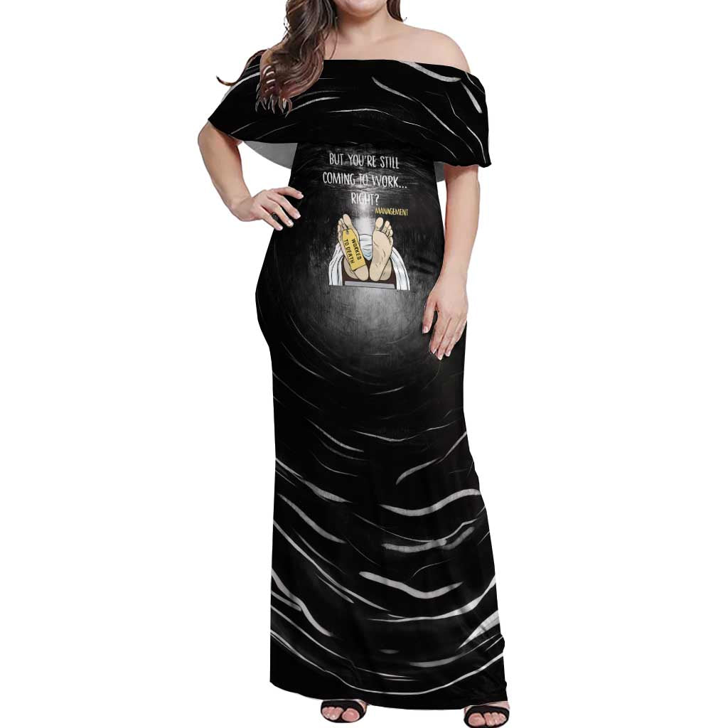Funny Workplace Meme Office Humor Manager Off Shoulder Maxi Dress Employee Job Joke Worked to Death