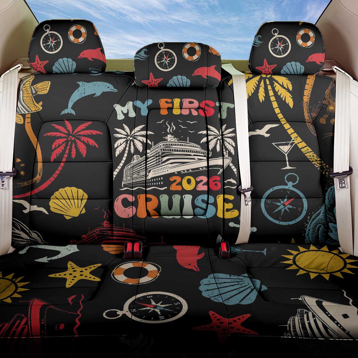 My First Cruise 2026 Back Car Seat Cover Vacation Groovy Family Cruise Ship
