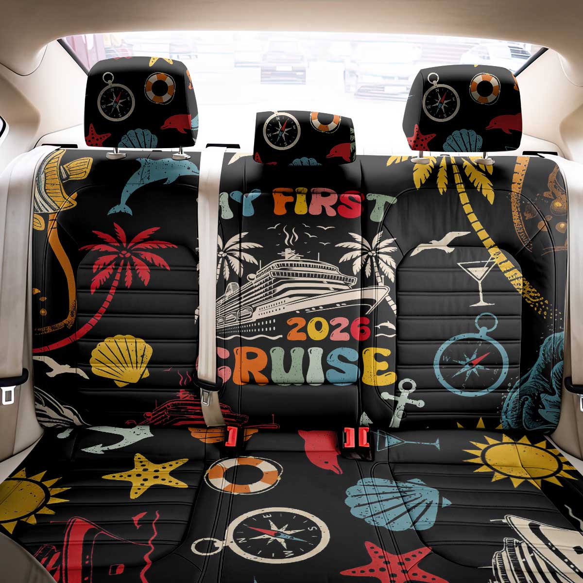 My First Cruise 2026 Back Car Seat Cover Vacation Groovy Family Cruise Ship