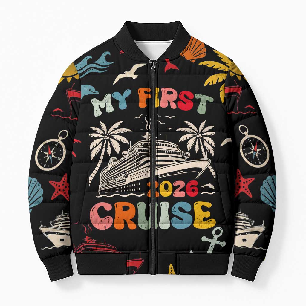 My First Cruise 2026 Bomber Puffer Jacket Vacation Groovy Family Cruise Ship