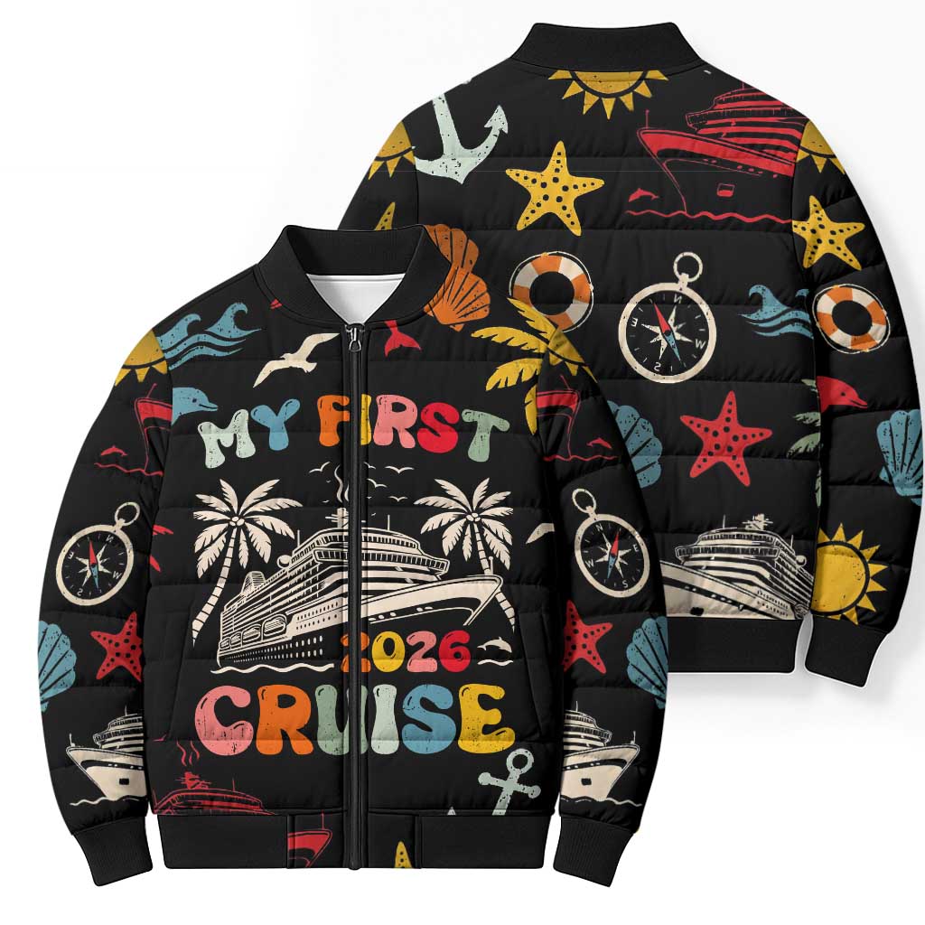 My First Cruise 2026 Bomber Puffer Jacket Vacation Groovy Family Cruise Ship
