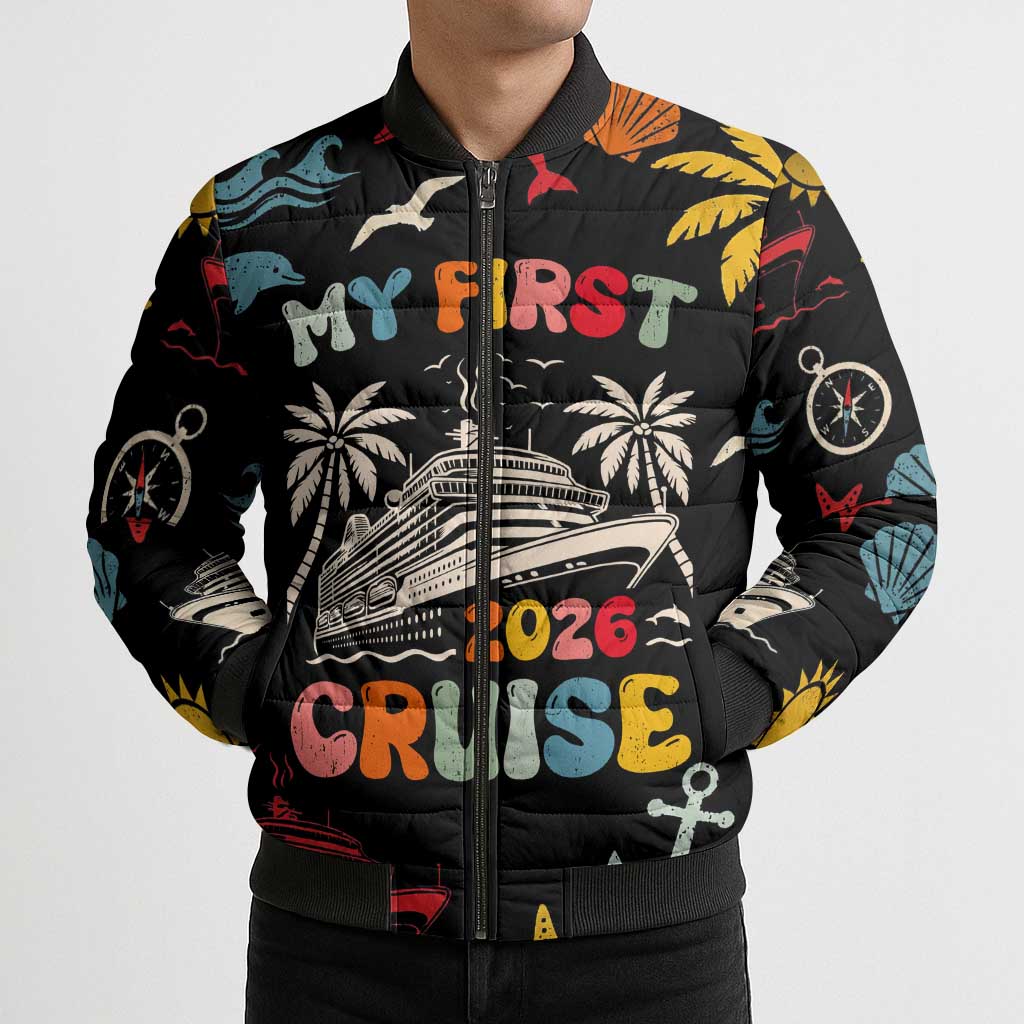 My First Cruise 2026 Bomber Puffer Jacket Vacation Groovy Family Cruise Ship