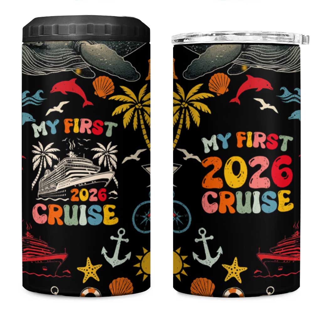 My First Cruise 2026 4 in 1 Can Cooler Tumbler Vacation Groovy Family Cruise Ship