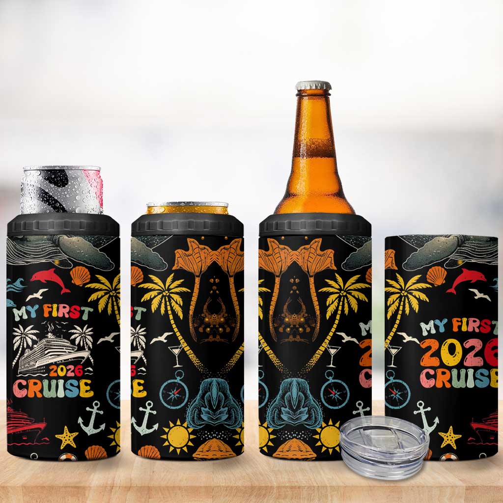 My First Cruise 2026 4 in 1 Can Cooler Tumbler Vacation Groovy Family Cruise Ship