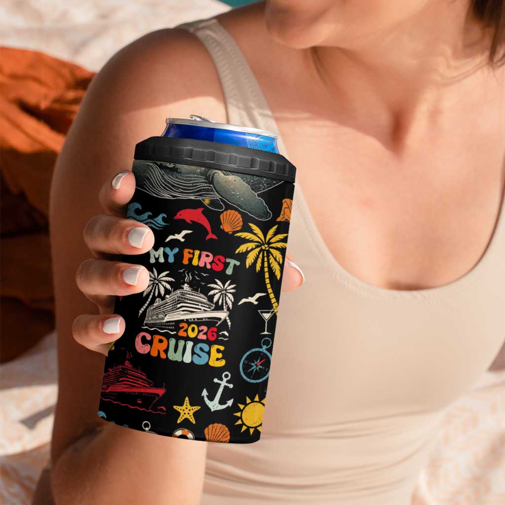 My First Cruise 2026 4 in 1 Can Cooler Tumbler Vacation Groovy Family Cruise Ship
