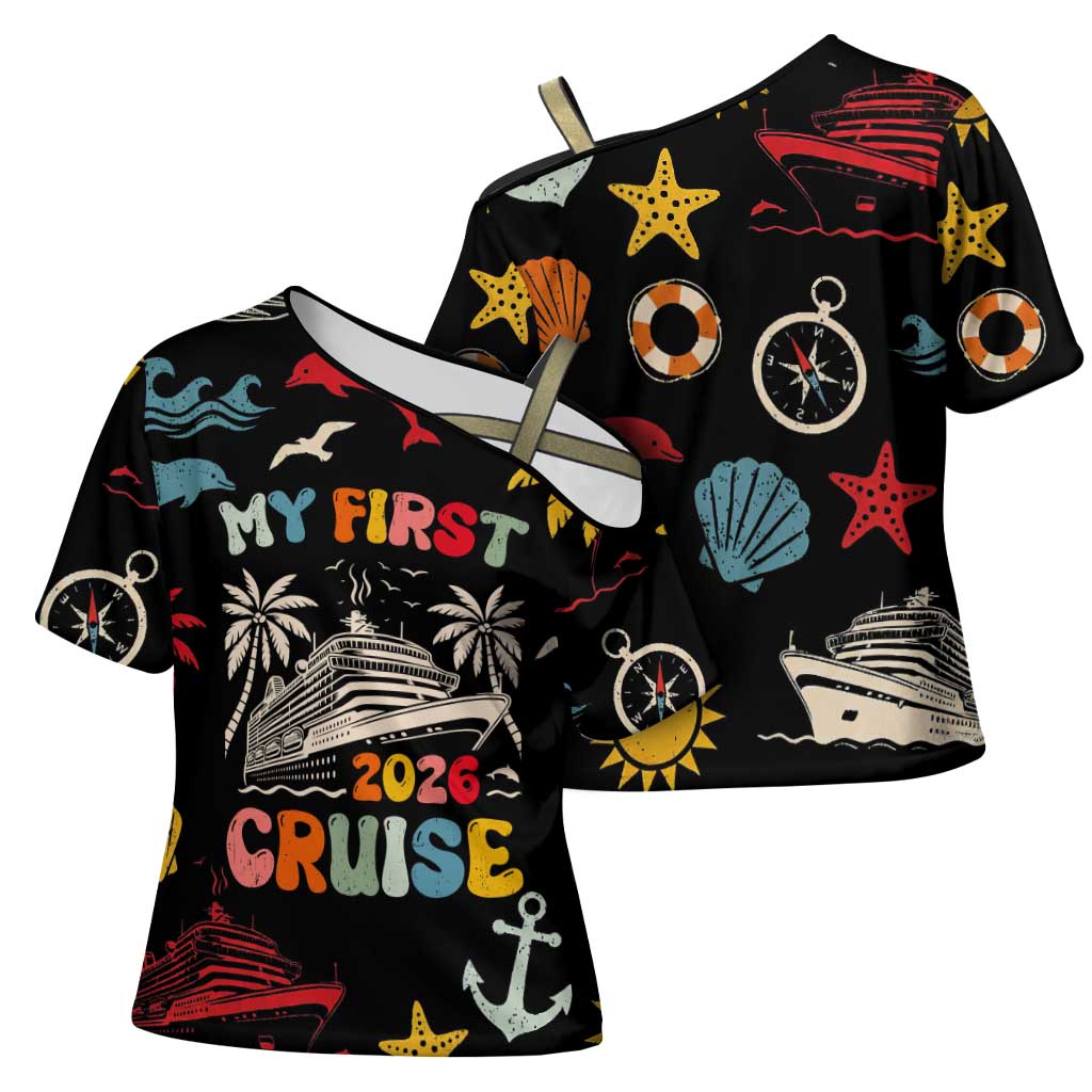 My First Cruise 2026 Cross Shoulder Shirt Vacation Groovy Family Cruise Ship