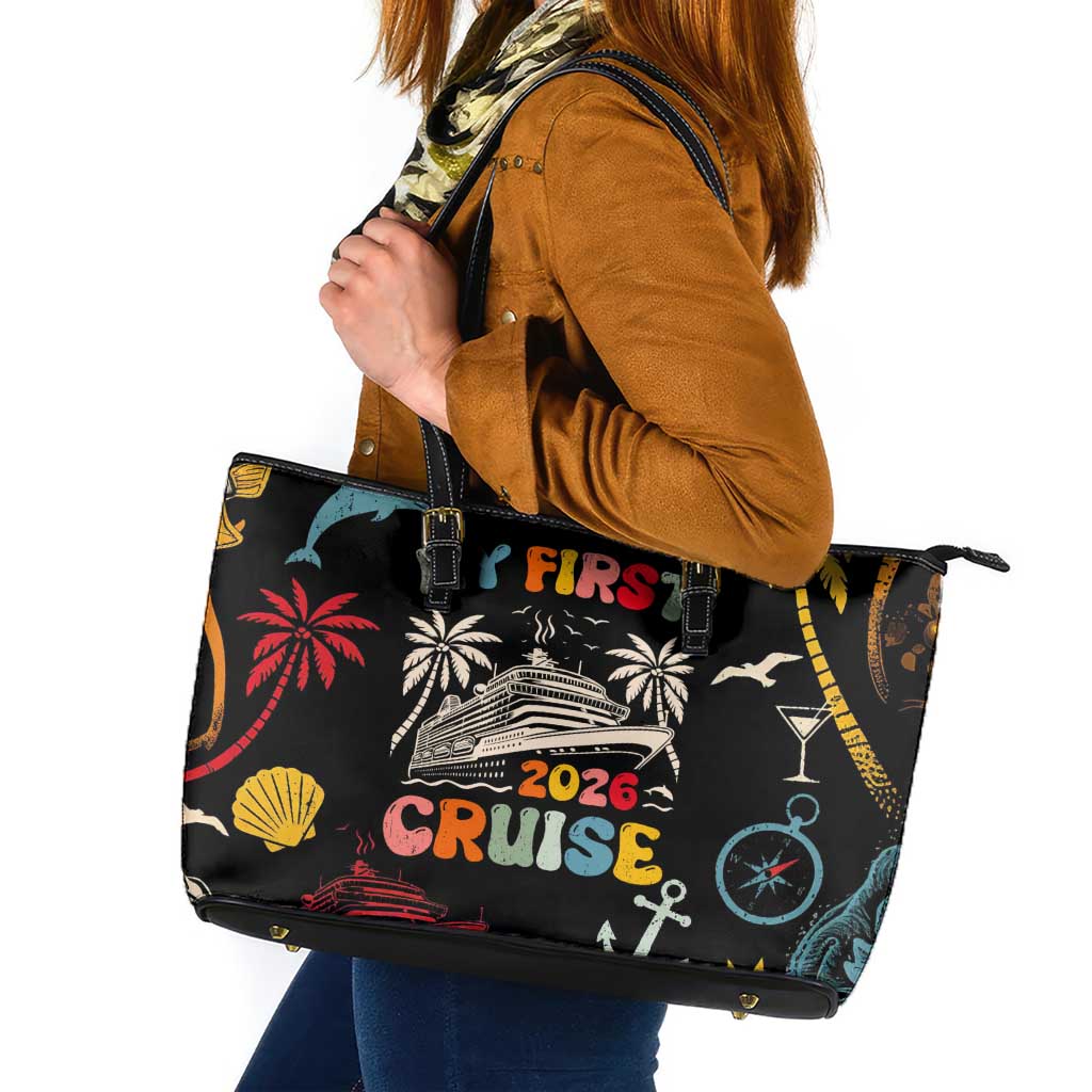 My First Cruise 2026 Leather Tote Bag Vacation Groovy Family Cruise Ship