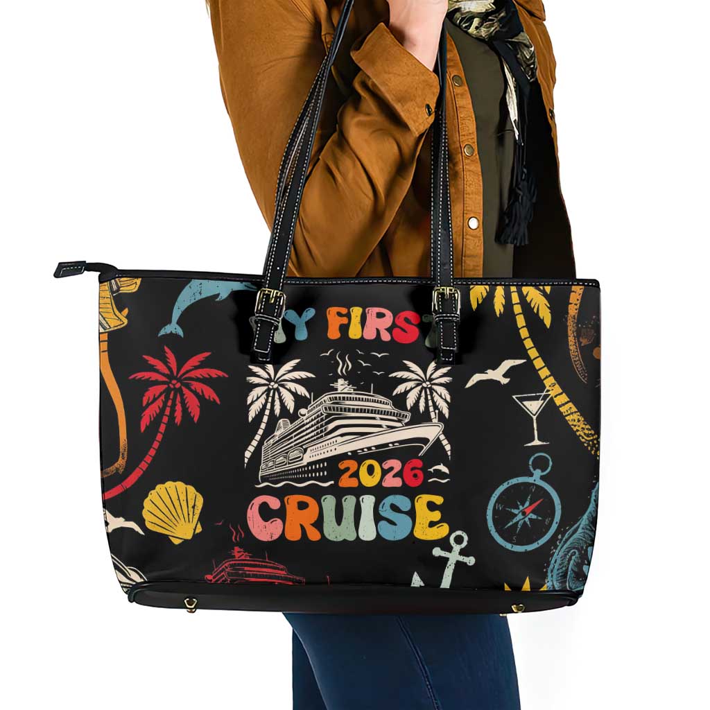 My First Cruise 2026 Leather Tote Bag Vacation Groovy Family Cruise Ship