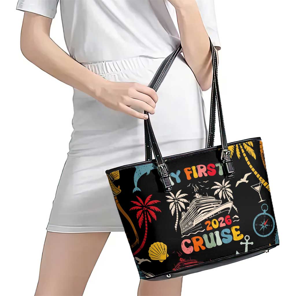 My First Cruise 2026 Leather Tote Bag Vacation Groovy Family Cruise Ship