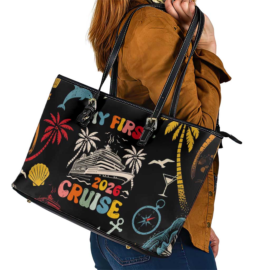 My First Cruise 2026 Leather Tote Bag Vacation Groovy Family Cruise Ship