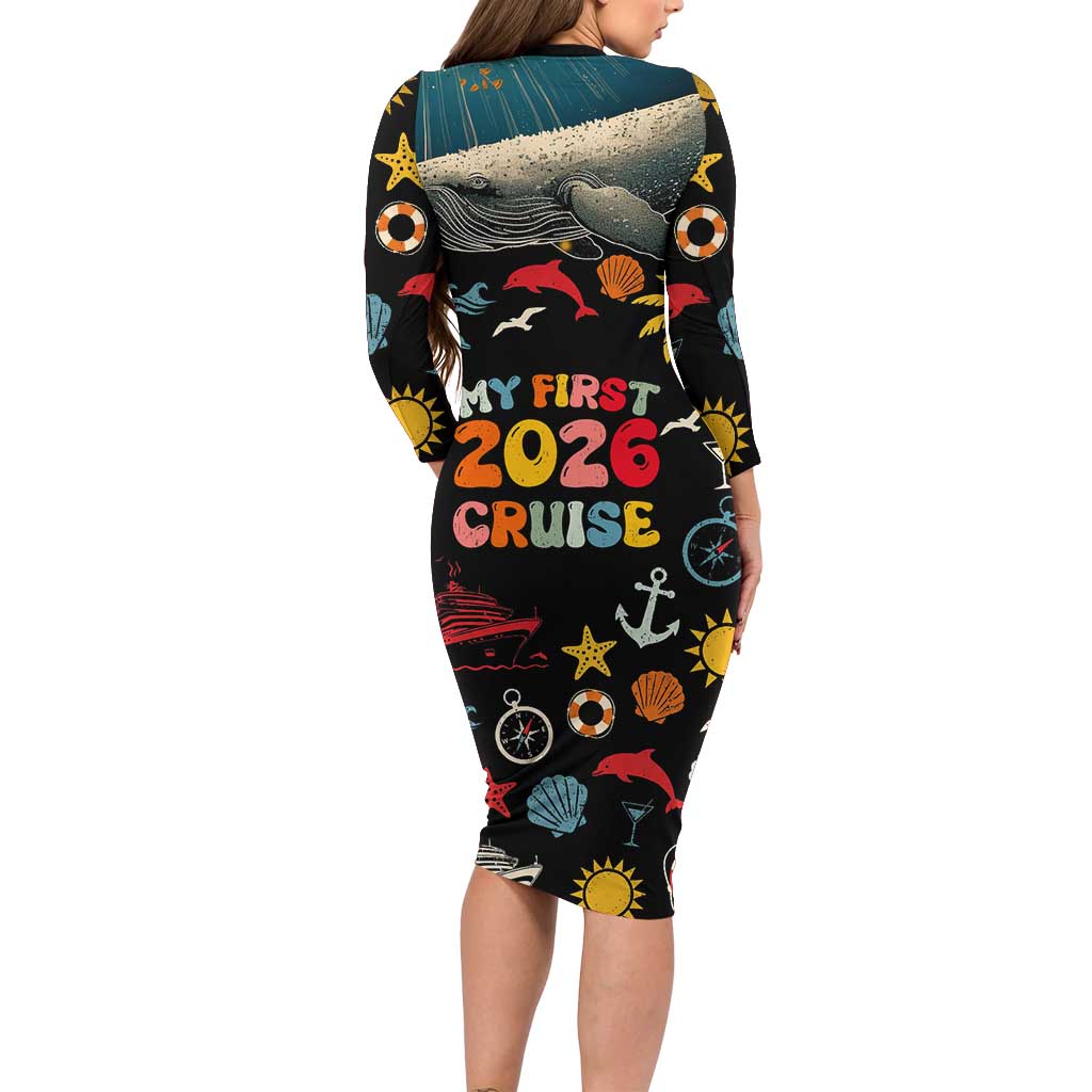My First Cruise 2026 Long Sleeve Bodycon Dress Vacation Groovy Family Cruise Ship