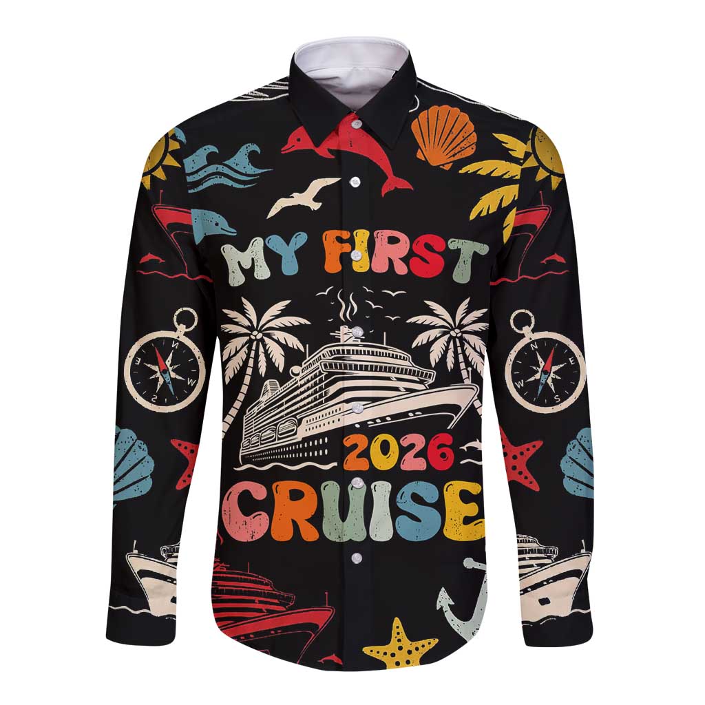My First Cruise 2026 Long Sleeve Button Shirt Vacation Groovy Family Cruise Ship
