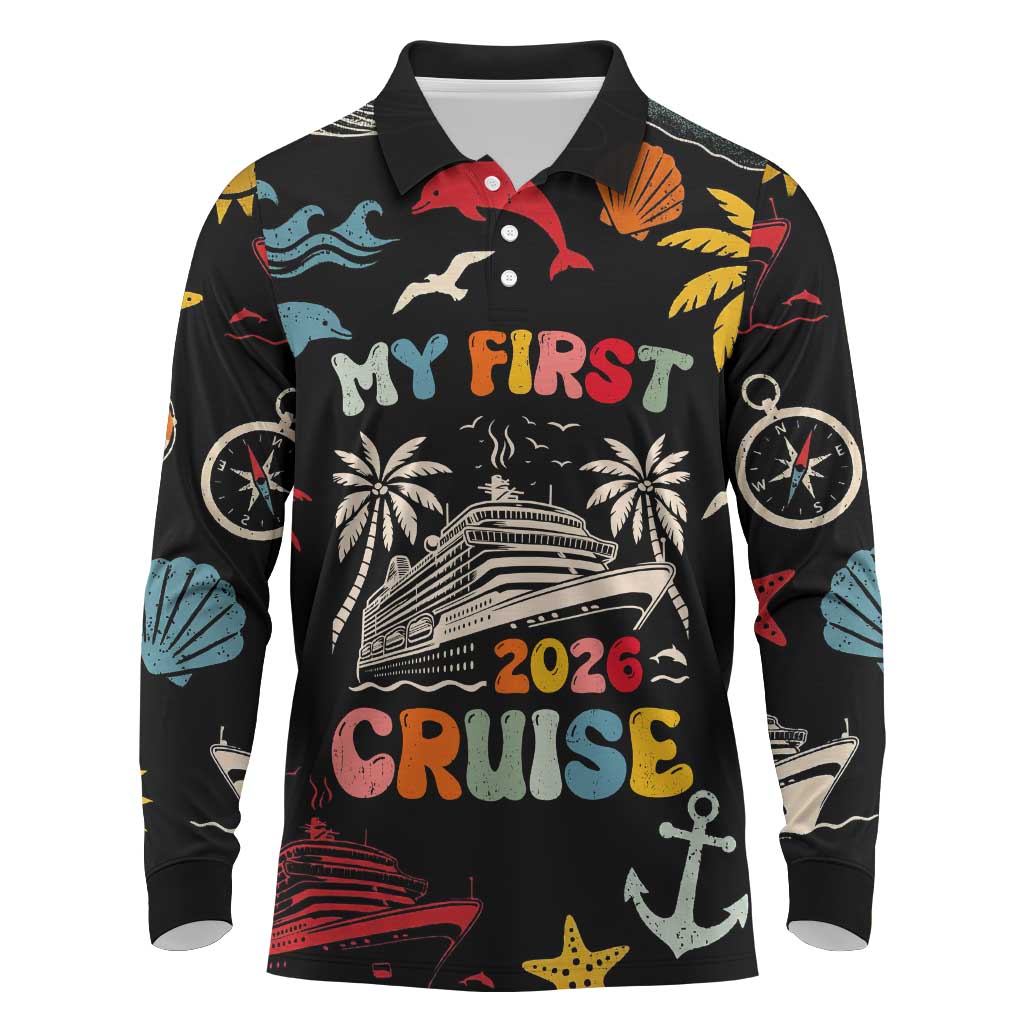 My First Cruise 2026 Long Sleeve Polo Shirt Vacation Groovy Family Cruise Ship