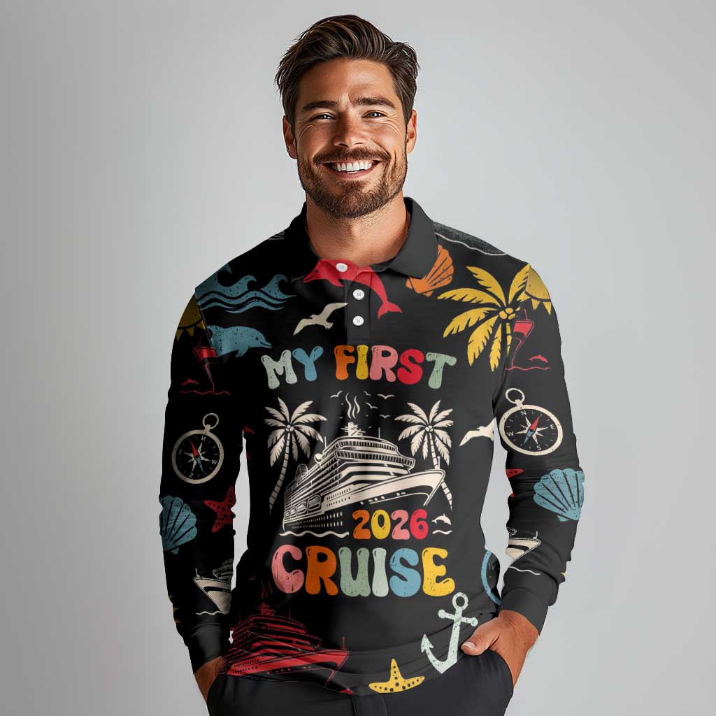 My First Cruise 2026 Long Sleeve Polo Shirt Vacation Groovy Family Cruise Ship
