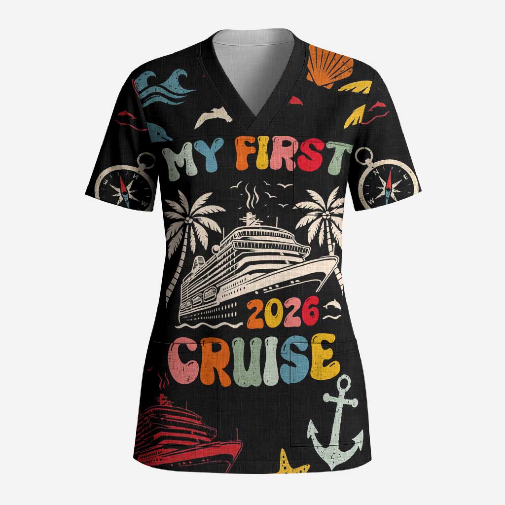 My First Cruise 2026 Scrub Top Vacation Groovy Family Cruise Ship