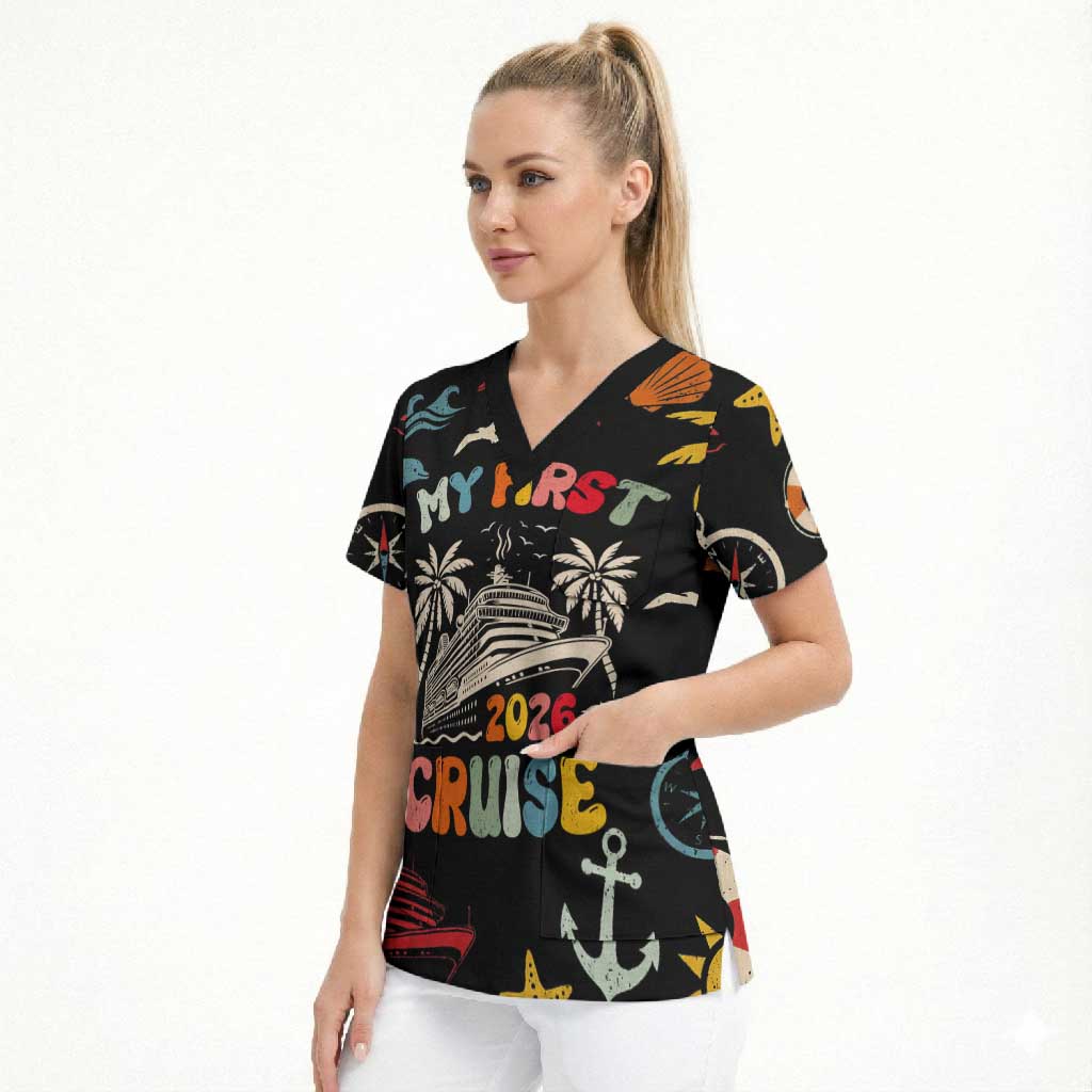 My First Cruise 2026 Scrub Top Vacation Groovy Family Cruise Ship