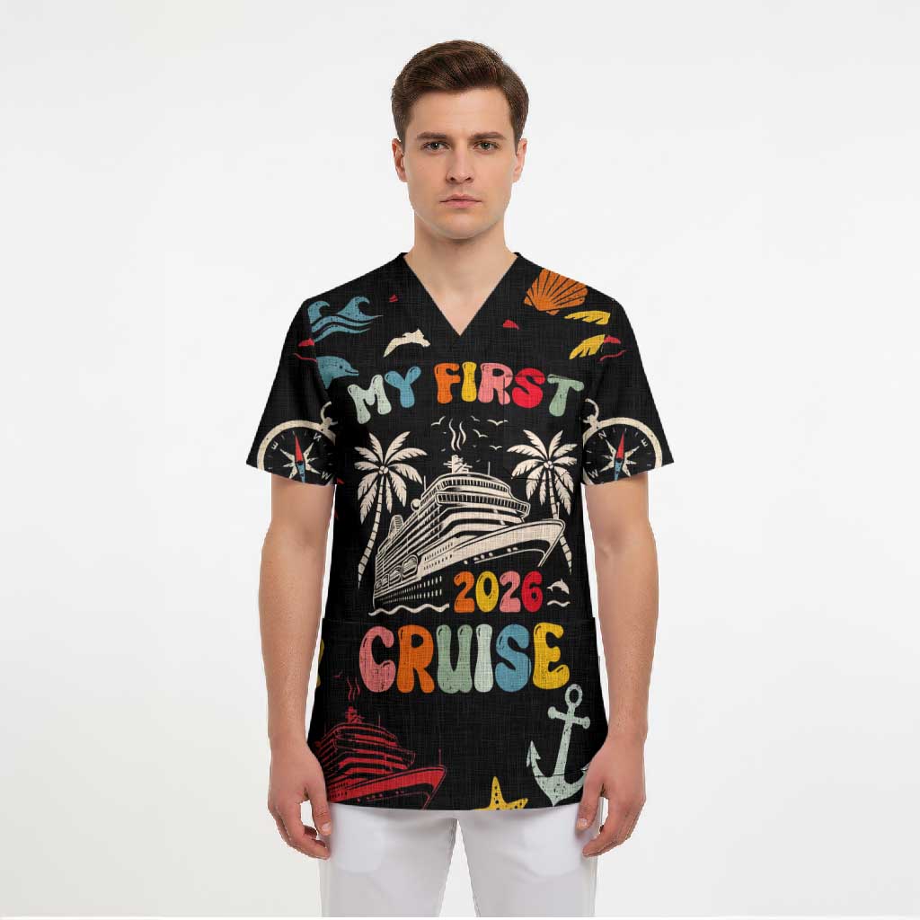 My First Cruise 2026 Scrub Top Vacation Groovy Family Cruise Ship