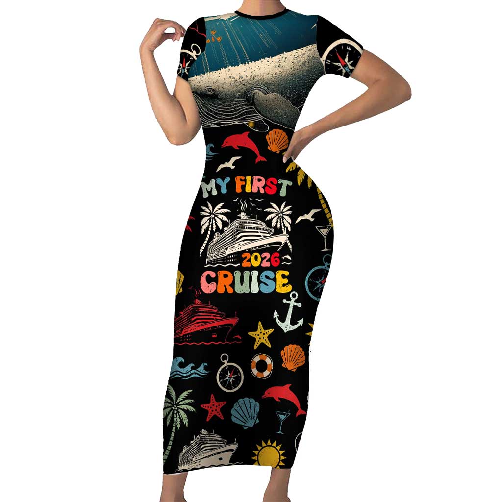My First Cruise 2026 Short Sleeve Bodycon Dress Vacation Groovy Family Cruise Ship