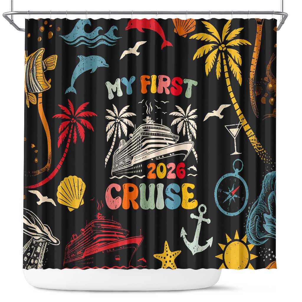 My First Cruise 2026 Shower Curtain Vacation Groovy Family Cruise Ship