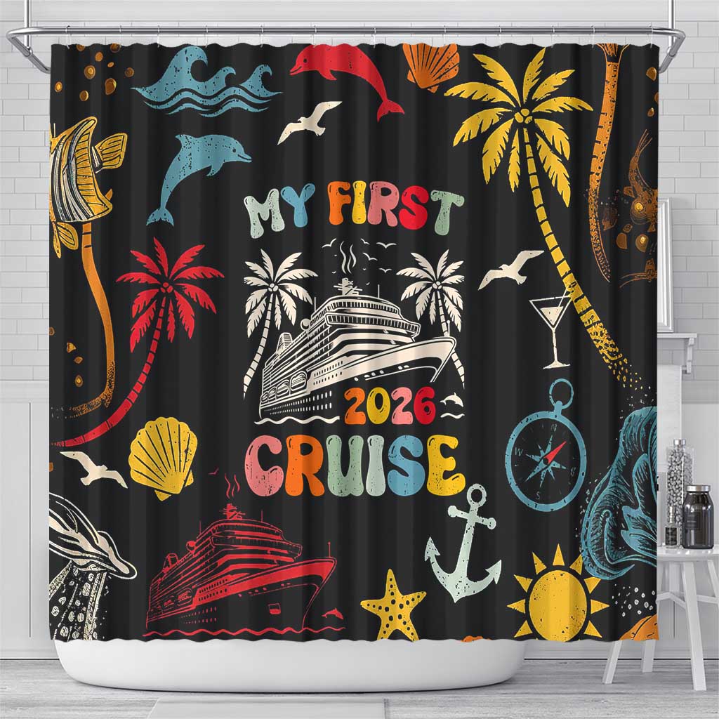 My First Cruise 2026 Shower Curtain Vacation Groovy Family Cruise Ship