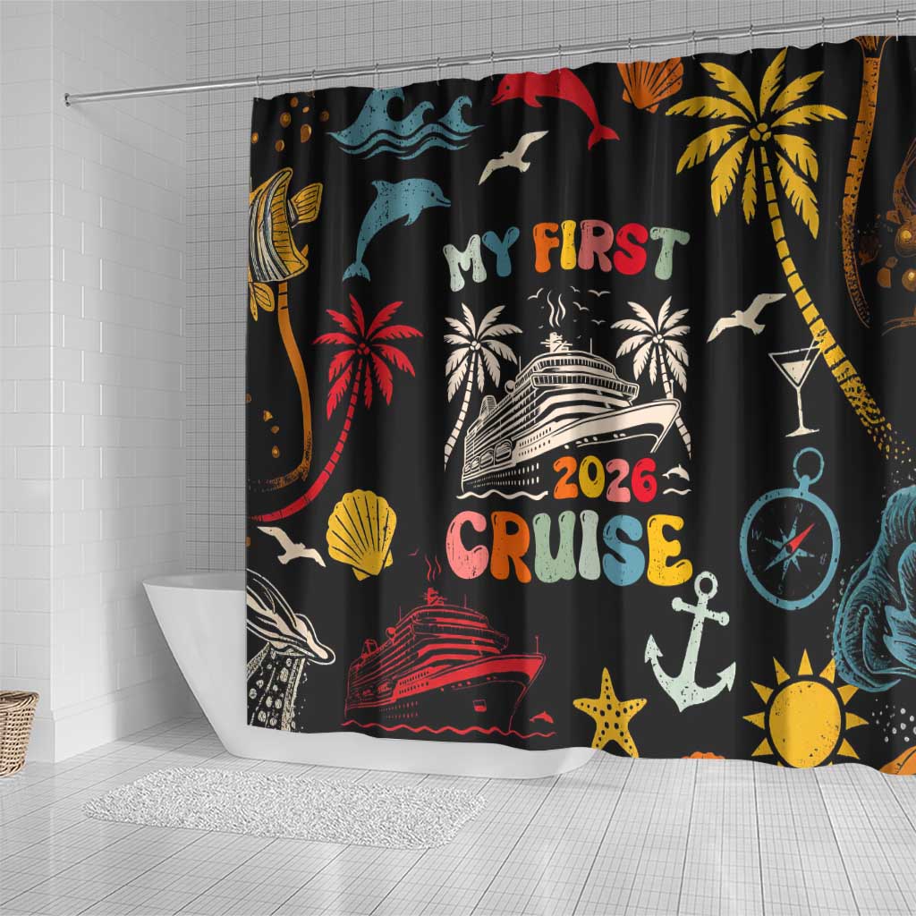 My First Cruise 2026 Shower Curtain Vacation Groovy Family Cruise Ship