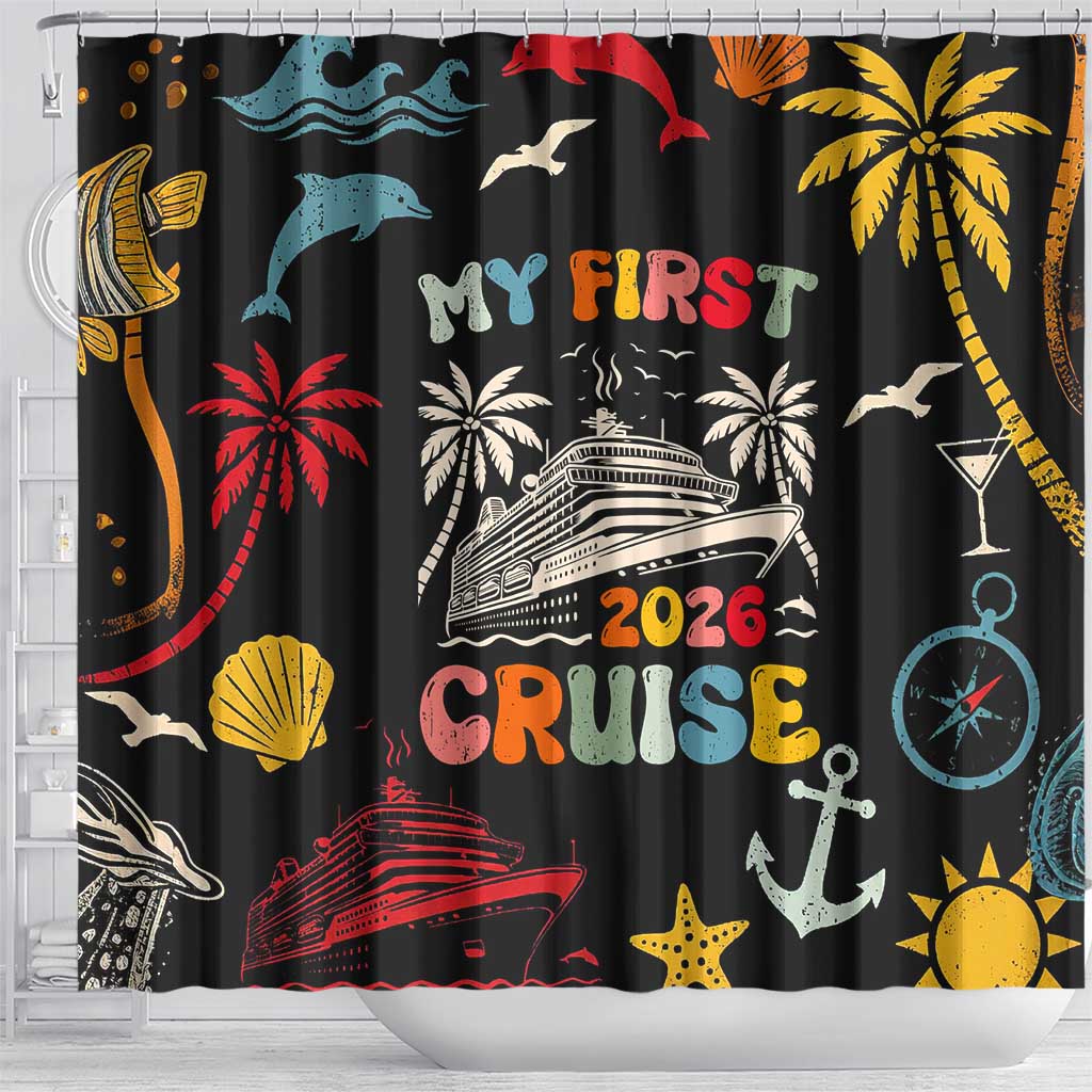 My First Cruise 2026 Shower Curtain Vacation Groovy Family Cruise Ship