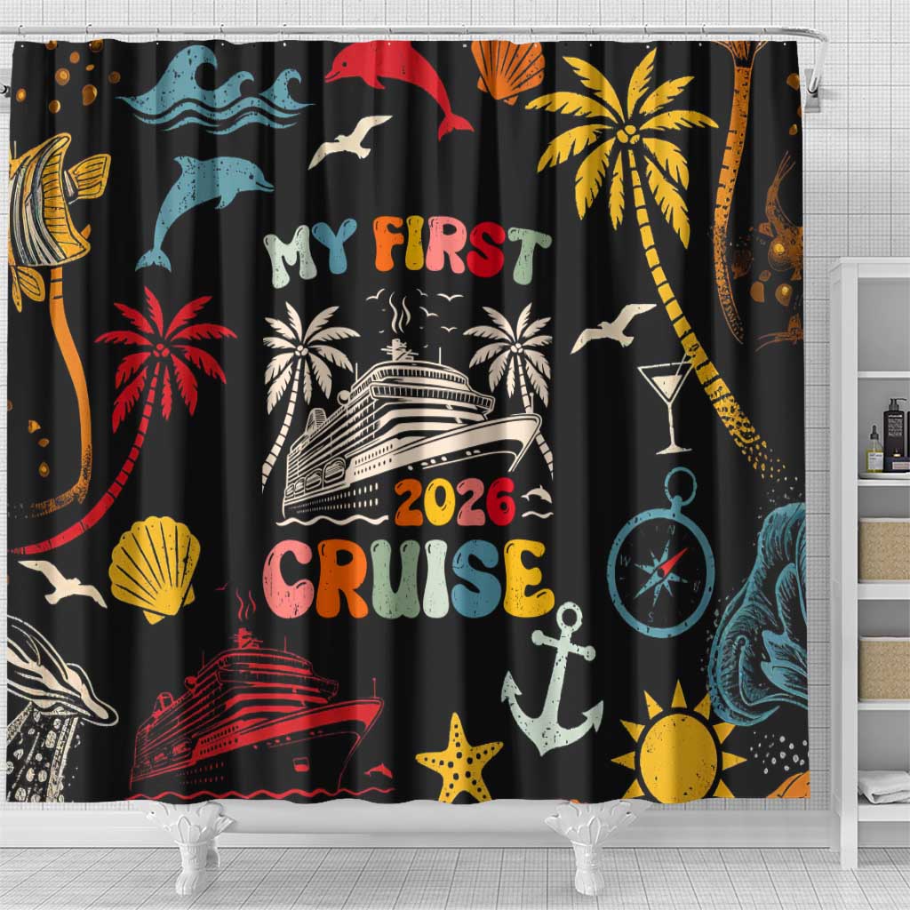 My First Cruise 2026 Shower Curtain Vacation Groovy Family Cruise Ship
