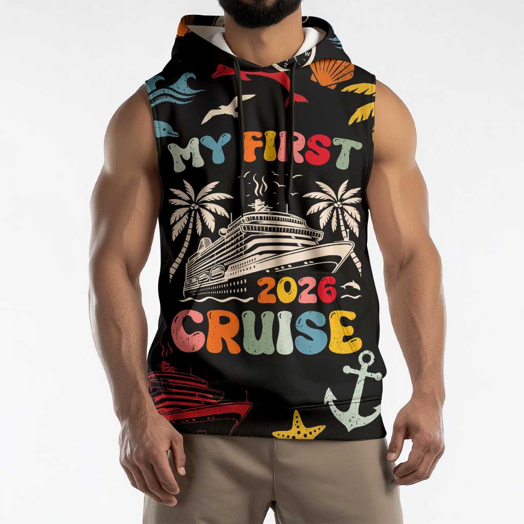 My First Cruise 2026 Sleeveless Hoodie Vacation Groovy Family Cruise Ship