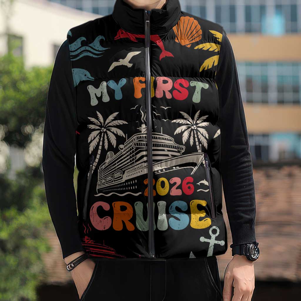 My First Cruise 2026 Sleeveless Puffer Jacket Vacation Groovy Family Cruise Ship